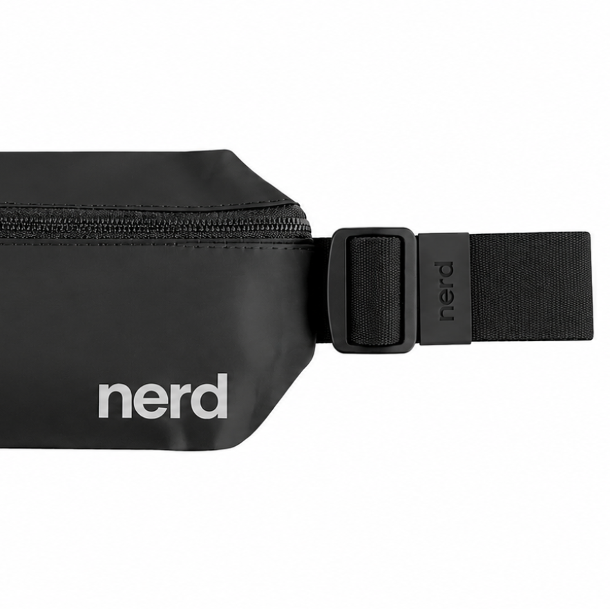 A black Nerd brand waist bag with a zippered front and adjustable strap, shown against a plain white background.